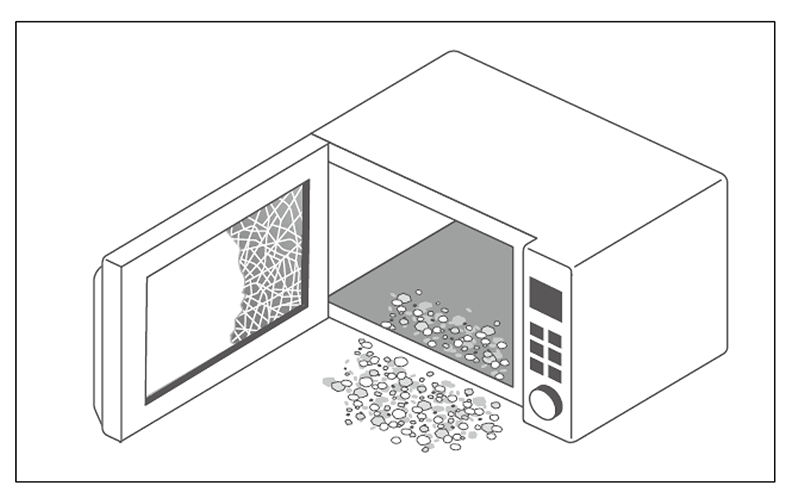 扉のガラスが粉々になった電子レンジのイメージ図